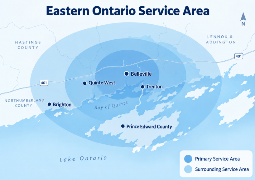 Eastern Ontario service area map for Oasis Backyard Living — Belleville, Quinte West, Prince Edward County and surrounding communities