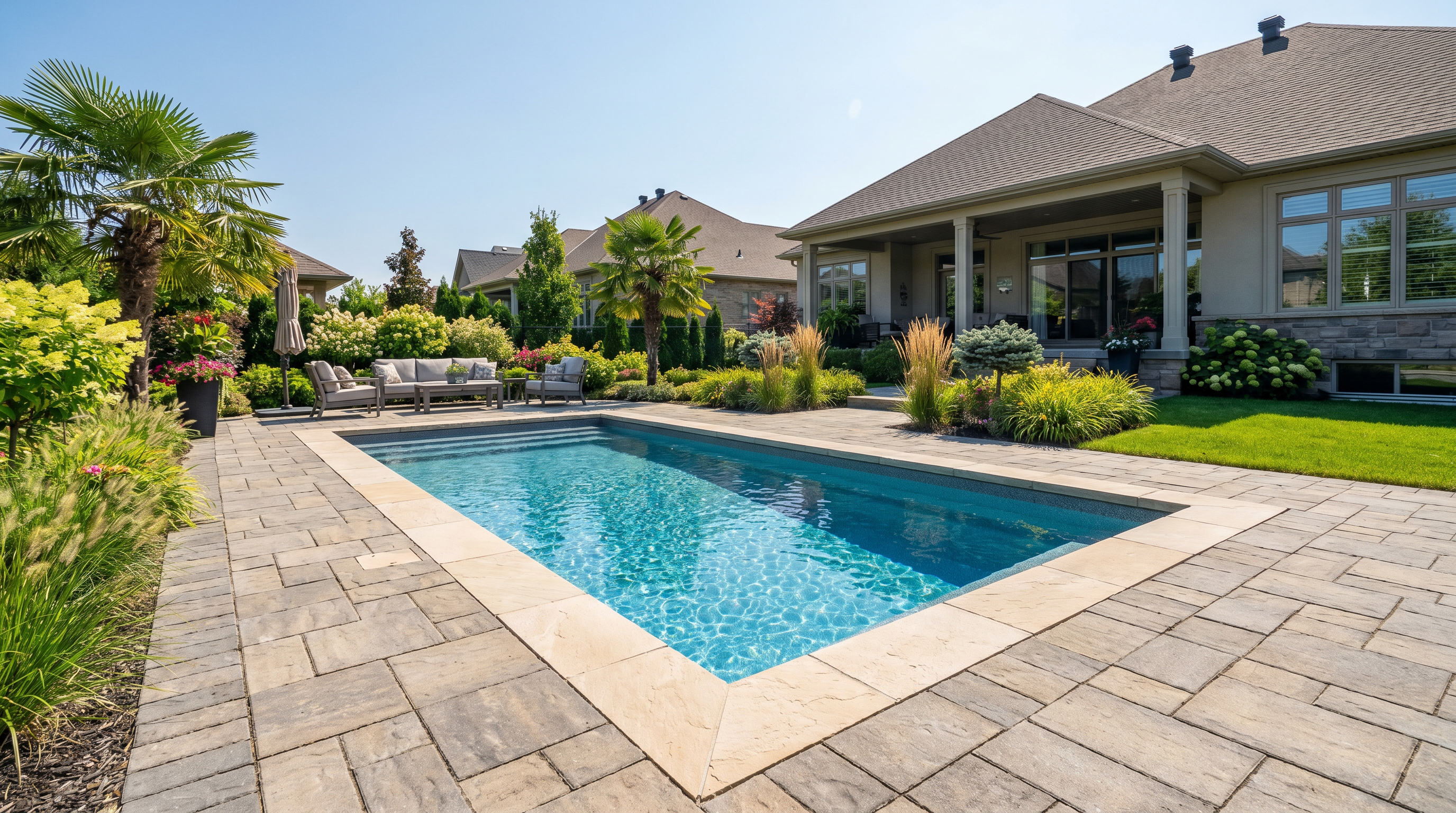 Backyard pool surrounded by greenery